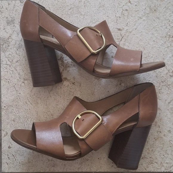FRANCO SARTO "Mirabel" Leather Cognac Brown Gold Buckle Block Heels - Size 7 - Picture 8 of 8